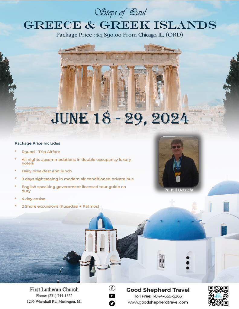 Greece trip flyer, June 18-29, 2024, talk to Bill Uetricht if interested